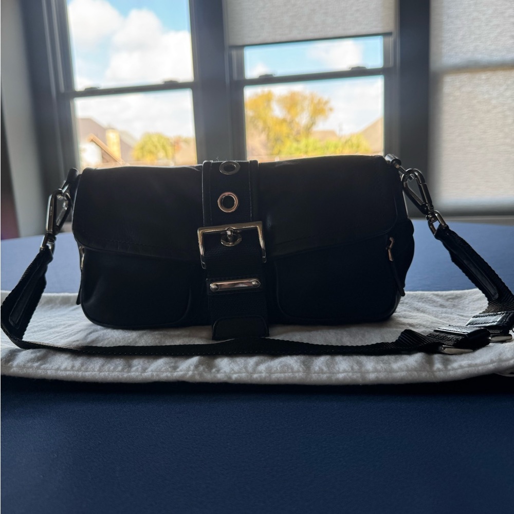 Prada Tessuto Vitello Convertible Shoulder Bag Black Nylon Dual Zip - Picture 6 of 14